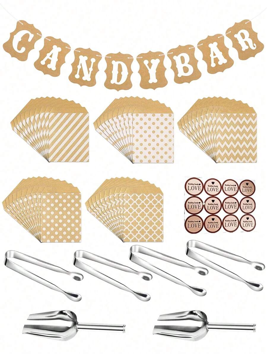 1pc Candy Bar Banner, 50pcs Kraft Paper Bags, 4pcs Clips, 2pcs Shovels, 10pcs Stickers, Suitable For Outdoor Wedding, Holiday Party, Gathering With Friends