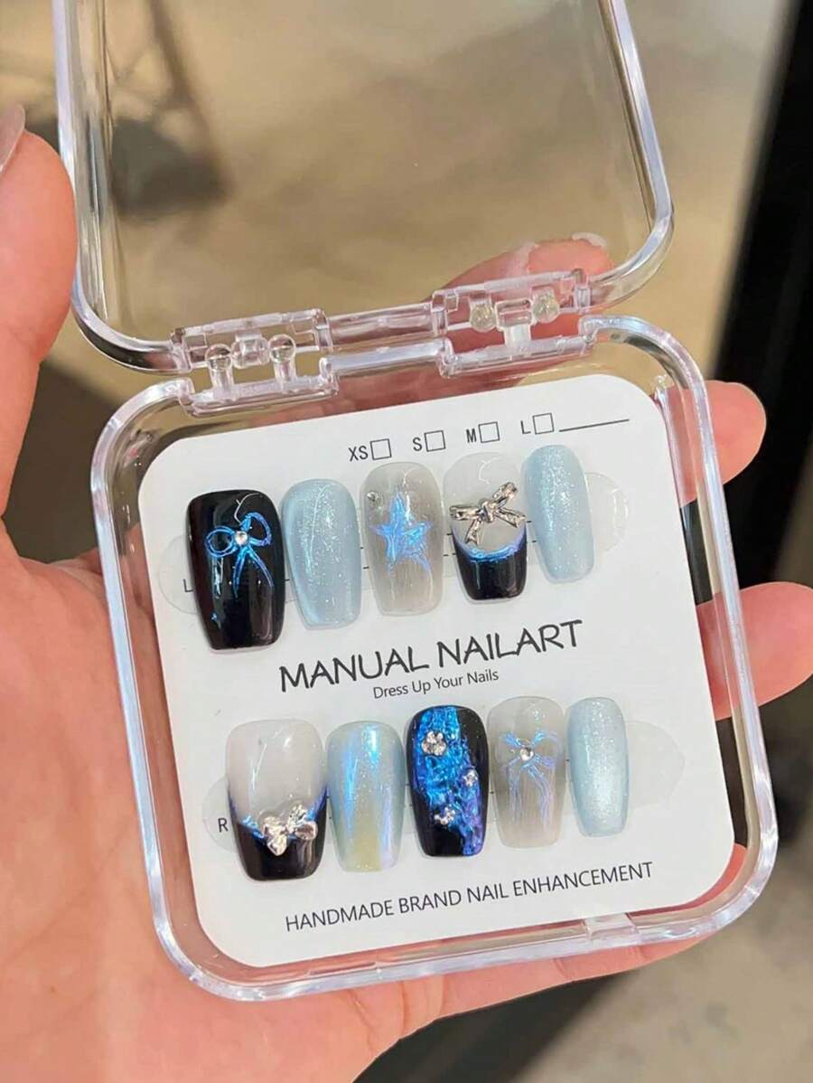 10pcs Premium Ins Style Black & Blue Aurora Elegant Crystal Butterfly Nail Stickers, Handmade Detachable Decals