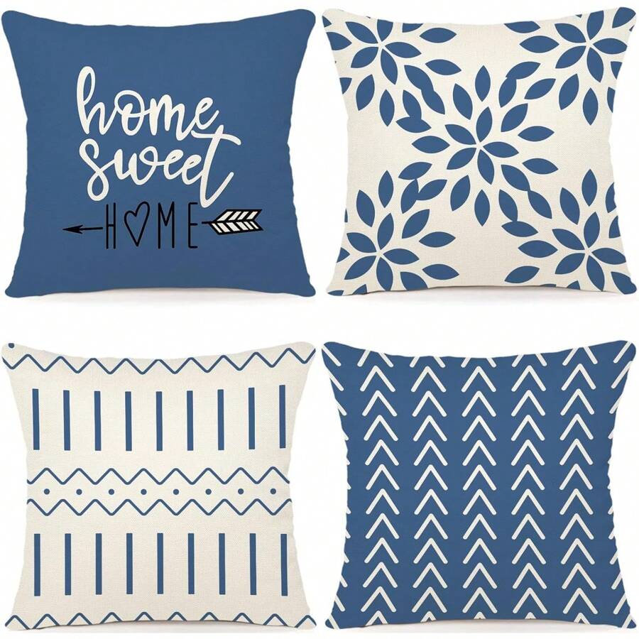 4-Piece Linen Pillowcase Set, Brown/Burgundy/Blue-Green Bohemian Style Geometric Simple Square Cushion Cover Is Perfect For Decorating Sofas, Living Rooms, Rooms, Outdoor Terraces And Courtyards. Printed On One Side, The Pillow Core Is Not Included