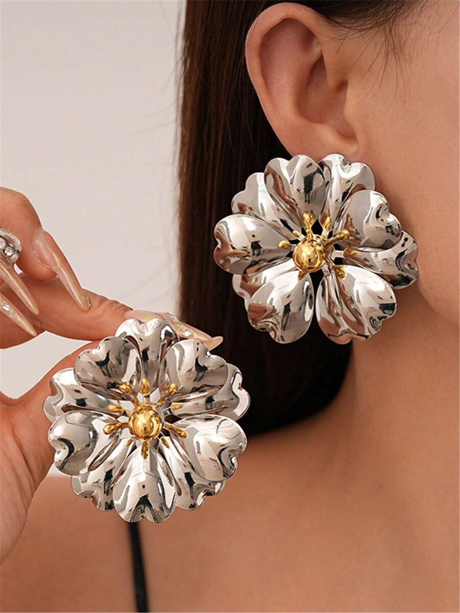 1 par de brincos grandes de metal floral estilo europeu e americano exagerados, para mulheres, festa, viagem, joia para presente