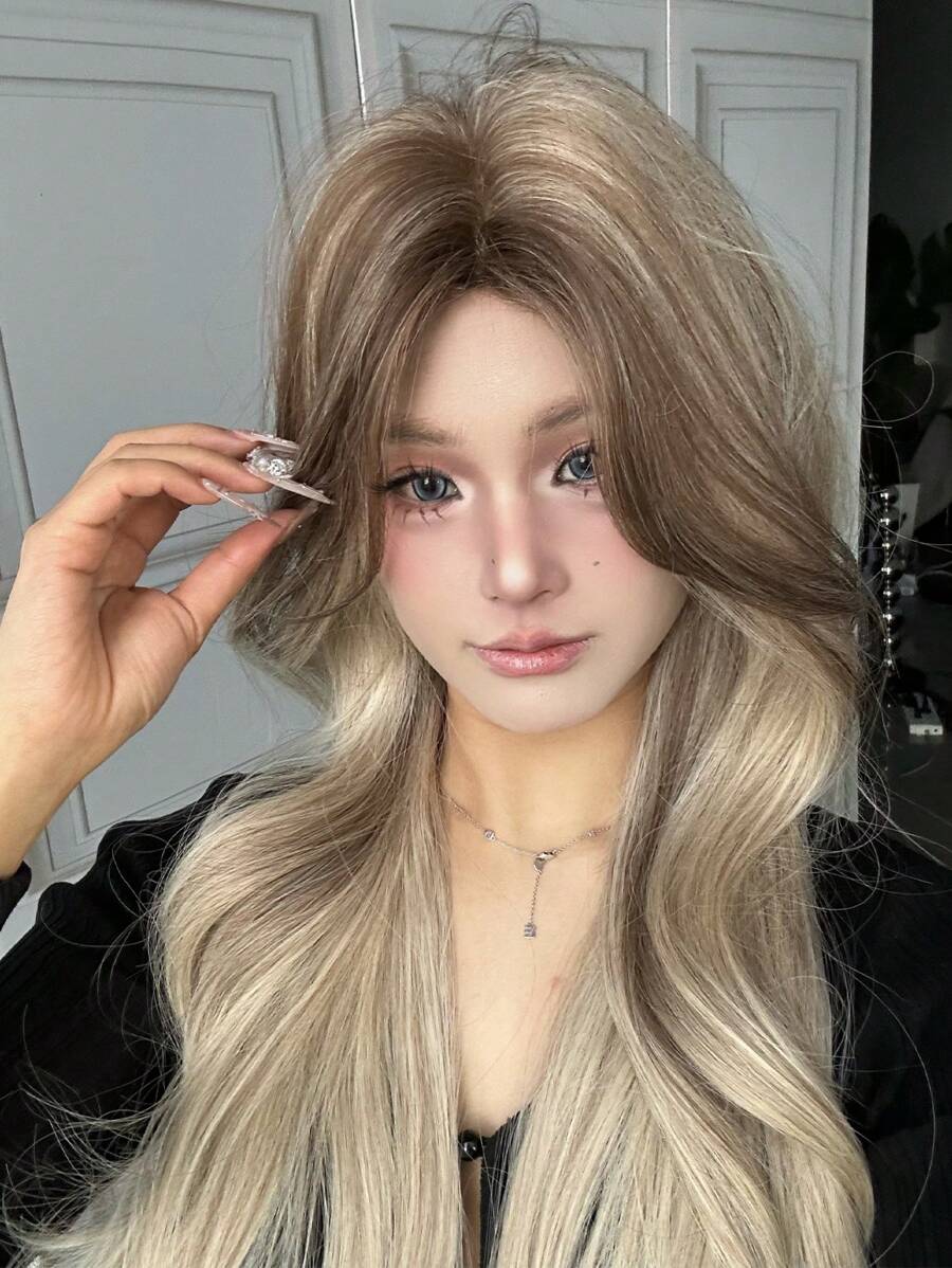 Gradient Long Curly Grey Mixed Brown Wig For Women Soft Loose Wave Wig With Curtain Bangs Fluffy Natural Synthetic Heat Resistant Fiber For Charming Girls Daily Party Use 26 Inch