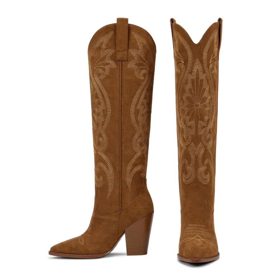 Womens Cowboy Knee High Boots Cowgirl Boots Western Boots With Embroidered Pointed Toe Chunky Heel Slip On Retro Tall Boots