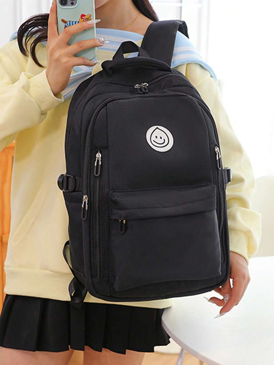 1pc Women's Backpack Solid Color Black Clean Color Zipper Smiling Face Pattern Canvas Durable Casual Fashion Simple Large Capacity Suitable For Student Travel Campus Portable Women's Backpack