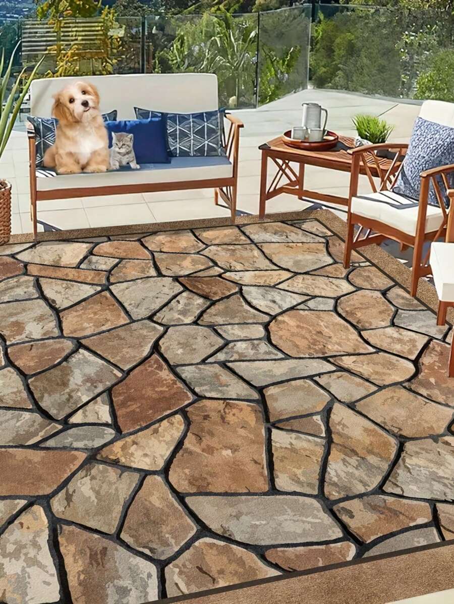 Velvet Non-Slip, Water-Resistant Flock Carpet, Suitable For Campers, Machine Washable Bohemian Patio Mat, Suitable For Living Room, Sunroom And Hard Wood Floor Decoration, Large Area Patio Garden Carpet With Stone Pattern