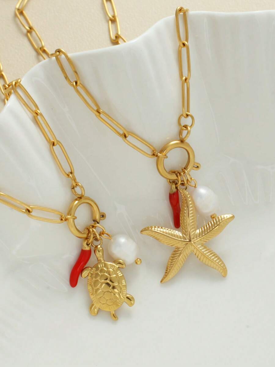 1 pièce Bijou personnalisé, collier de style océan avec pendentif à la mode en forme d'étoile de mer, de coquillage et de dauphin, collier à porter au quotidien