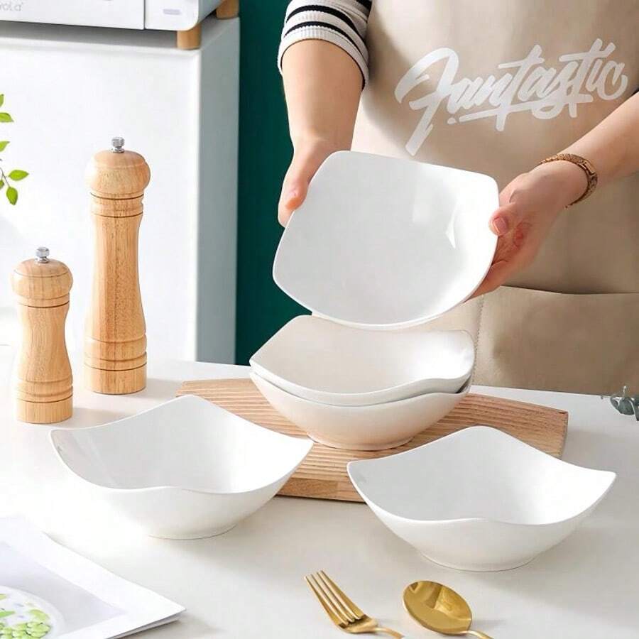 4pcs/8pcs 7.8 Inch White Salad Bowl And Plate Set, Reusable Plastic Bowls And Plates For Cold Dishes, Hot Food, Dessert, Party Food, Stackable Storage, Suitable For Family Gatherings, Hotels, Microwave Friendly, Outdoor RV/Camping Picnics, Lightweight, Collapsible, Reusable, Foldable Summer Wedding Tableware,School Supplies