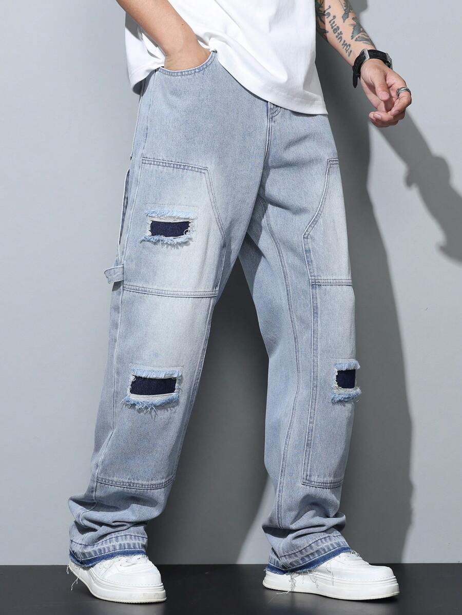 Loose Denim Cargo Pants With Ripped Patchwork Design, Fashionable Washed Cotton Jeans