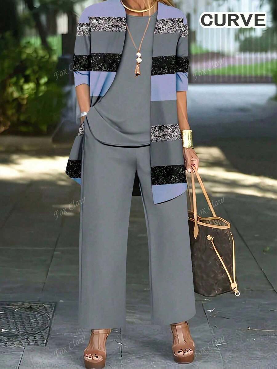 Conjunto de tres piezas de talla grande para primavera y verano con bloqueo de color e impresión, que incluye chaqueta de manga larga, top tipo tank y pantalones, juego de ropa para mujer