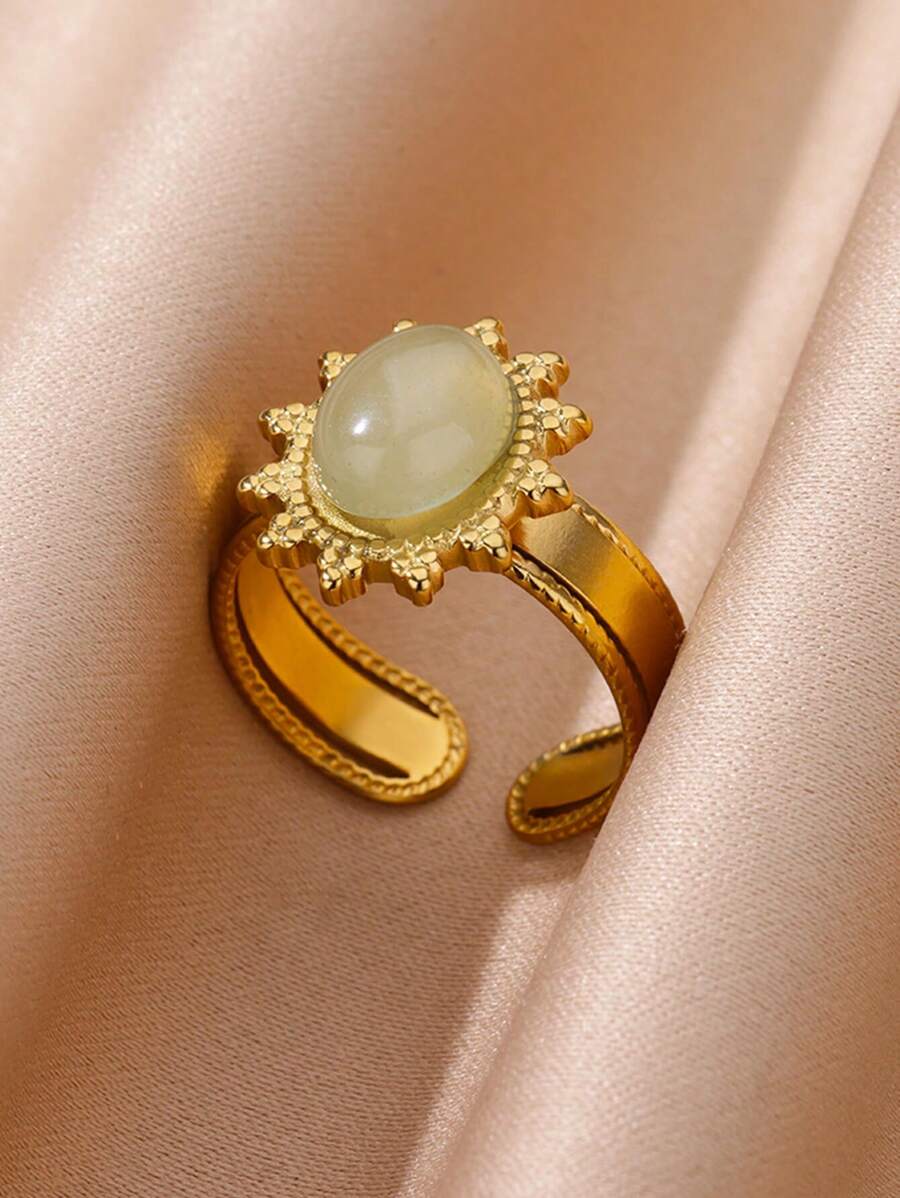 1PC Vintage Green Oval Opal Rings For Women Stainless Steel Gold Color Open Adjustable Wedding Ring Aesthetic Waterproof Jewelry BFF
