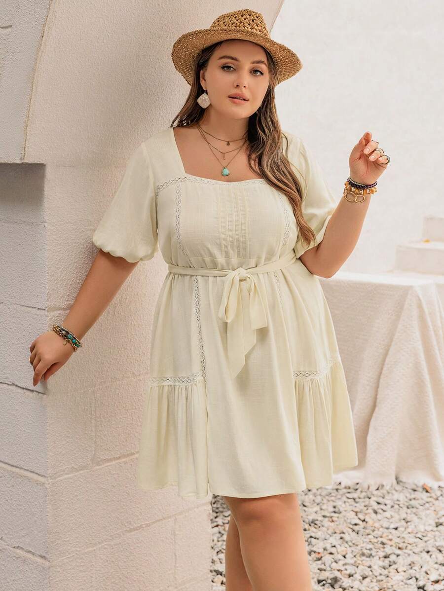 Rusttydustty Women's Plus Size Linen Feel Beige Square Collar Short Sleeve Belt Short Dress Boho Easter Beach Outfits Hawaii Coachella Music Festival Tropical Vacation