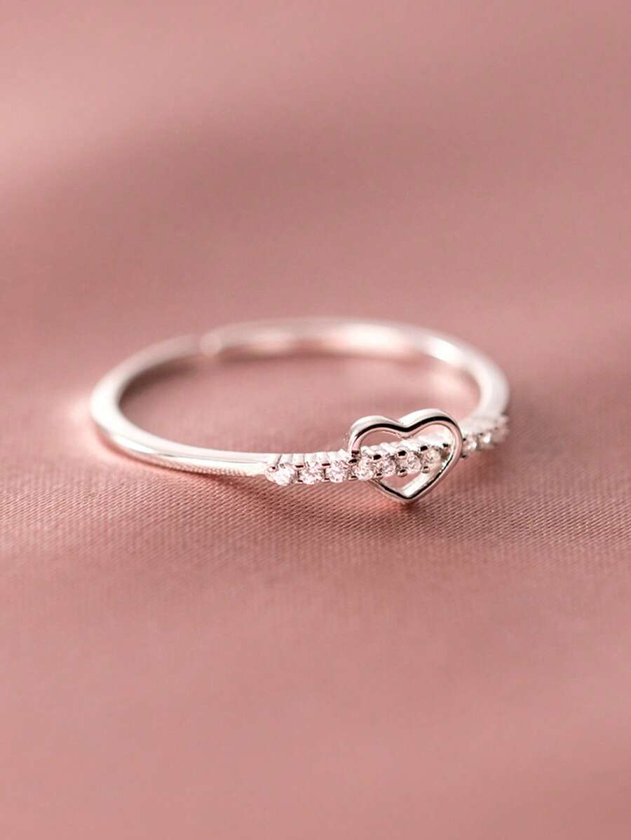 1pc Fashionable 925 Sterling Silver Heart Cubic Zirconia Adjustable Open Ring, Jewelry Gift For Mother's Day