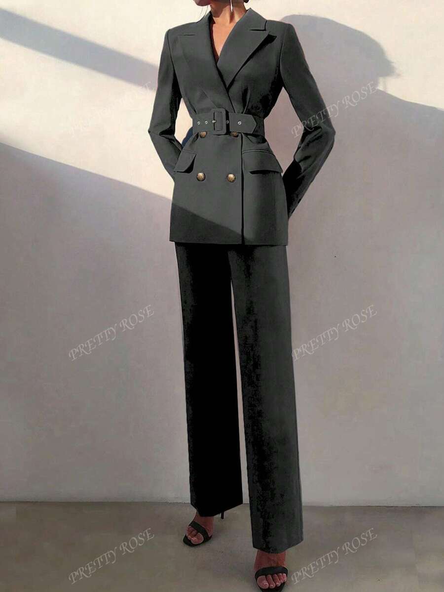 Women's 2pcs Elegant Belted Double-Breasted Blazer Jacket & Elastic Waist Straight Leg Pants Suit Set, Office Work Wear, Fall/Winter, Suitasble For Spring Business Casual