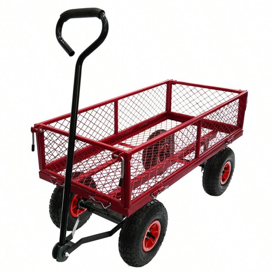 3 Cu. Ft. 300 Lbs. Capacity Removable Sides Metal Steel Mesh Heavy Duty Utility Wagon Outdoor Garden Cart In Red