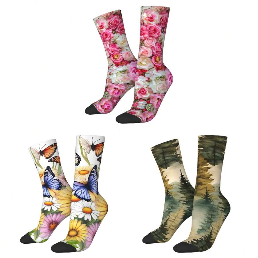 Prachtige bosprint roze en rode rozen romantische bloemen prachtige vintage botanische mooie vlinders en bloemen poster sok voor mannen hiphop harajuku vrolijk naadloos patroon bedrukte jongens crew sok nieuwigheid cadeau