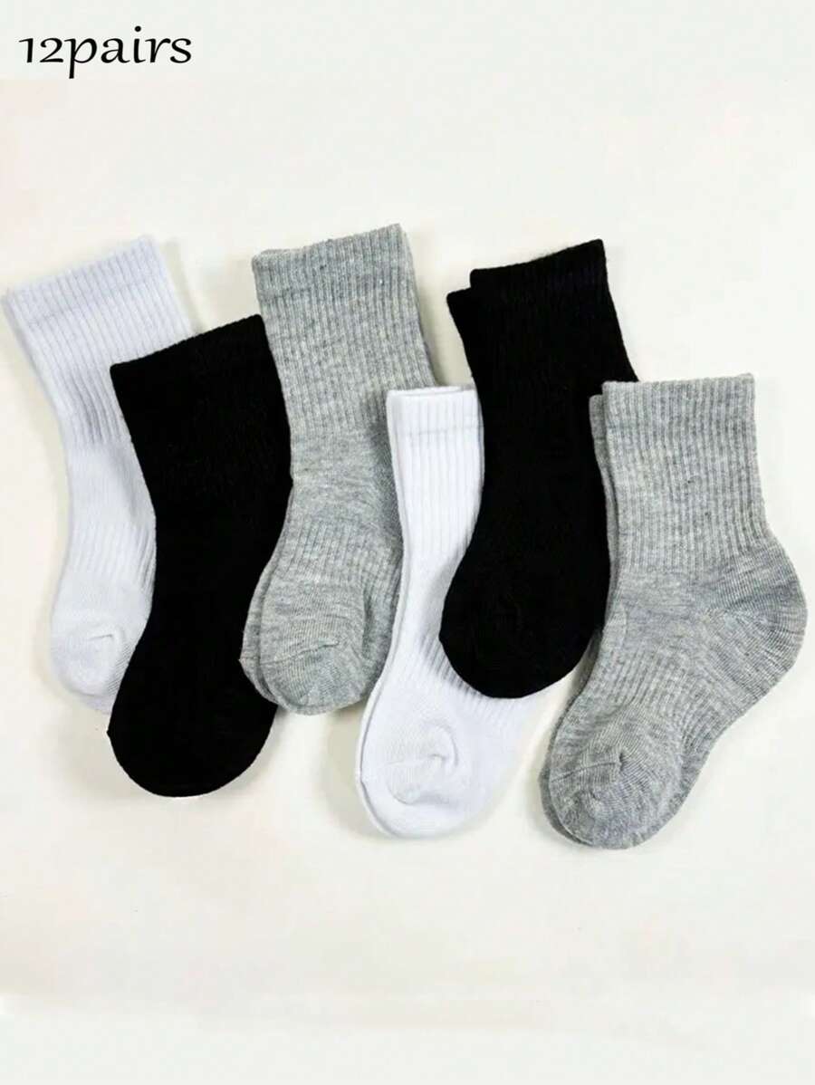 6 Pairs/12 Pairs Kids' Sports Ankle Socks, Students Mid-Calf Socks