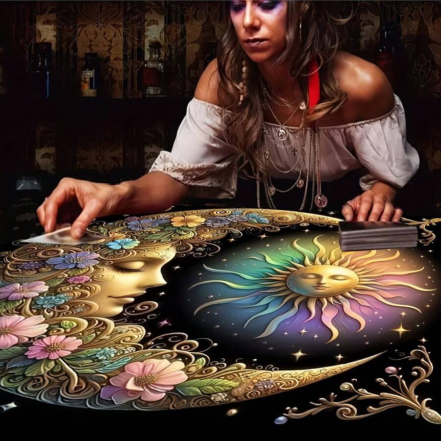 1pc Elegant Sun And Moon Mandala Tarot Cloth - Vibrant Starry Altar Decor, Made Of Polyester Fabric, Ideal For Divination, Pendulum Boards, Witchcraft - Suitable For Halloween, Christmas And More Uses, Tablecloth, Ritual Cloth, Gift
