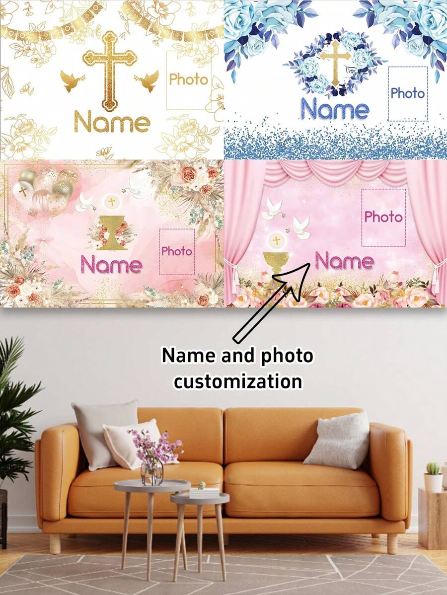 1 pieza Tela de fondo personalizable para fotografía de bautizo con nombre y foto de bebé, telón de fondo bendición de Dios para fiesta de
