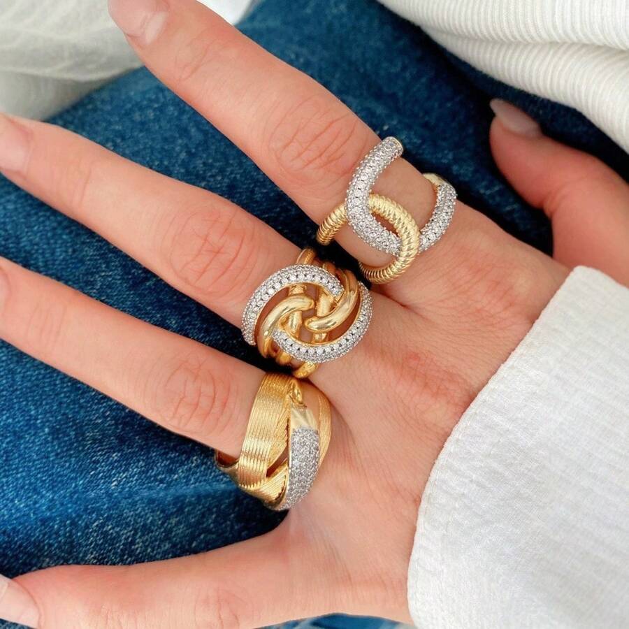 1 pieza Anillo abierto de lujo de doble color, anillo grande personalizado de elegante moda con microincrustaciones, enchapado en oro y plata, regalo perfecto para las vacaciones