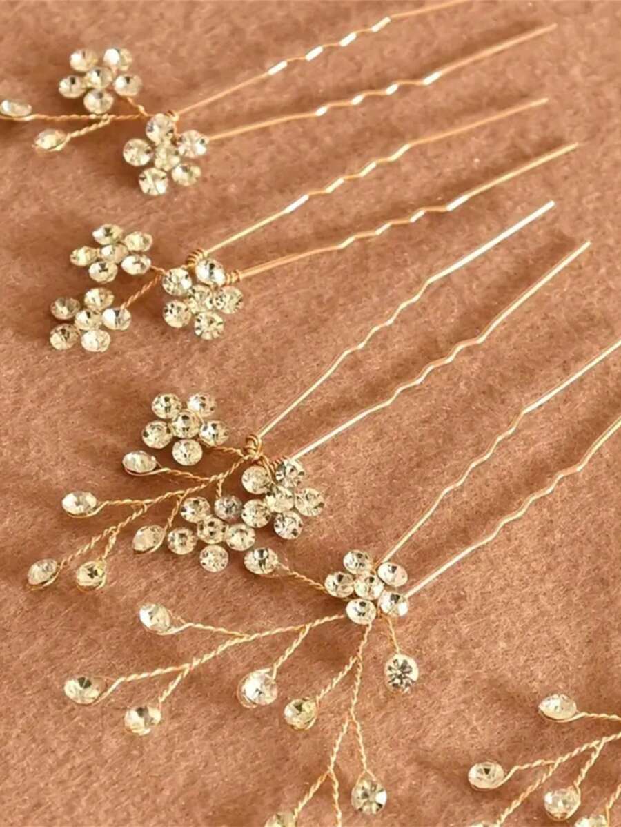 5pcs Faux Crystal Floral Hair Clips, Elegant Handmade Woven Non-Slip Hair Accessories
