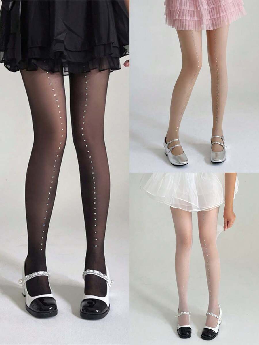 1 pieza Medias transparentes decoradas con cristales para mujeres, medias ajustadas y sexy de color negro con diseño brillante de estrellas y lunares, delgadas y transpirables, apropiadas para primavera y otoño