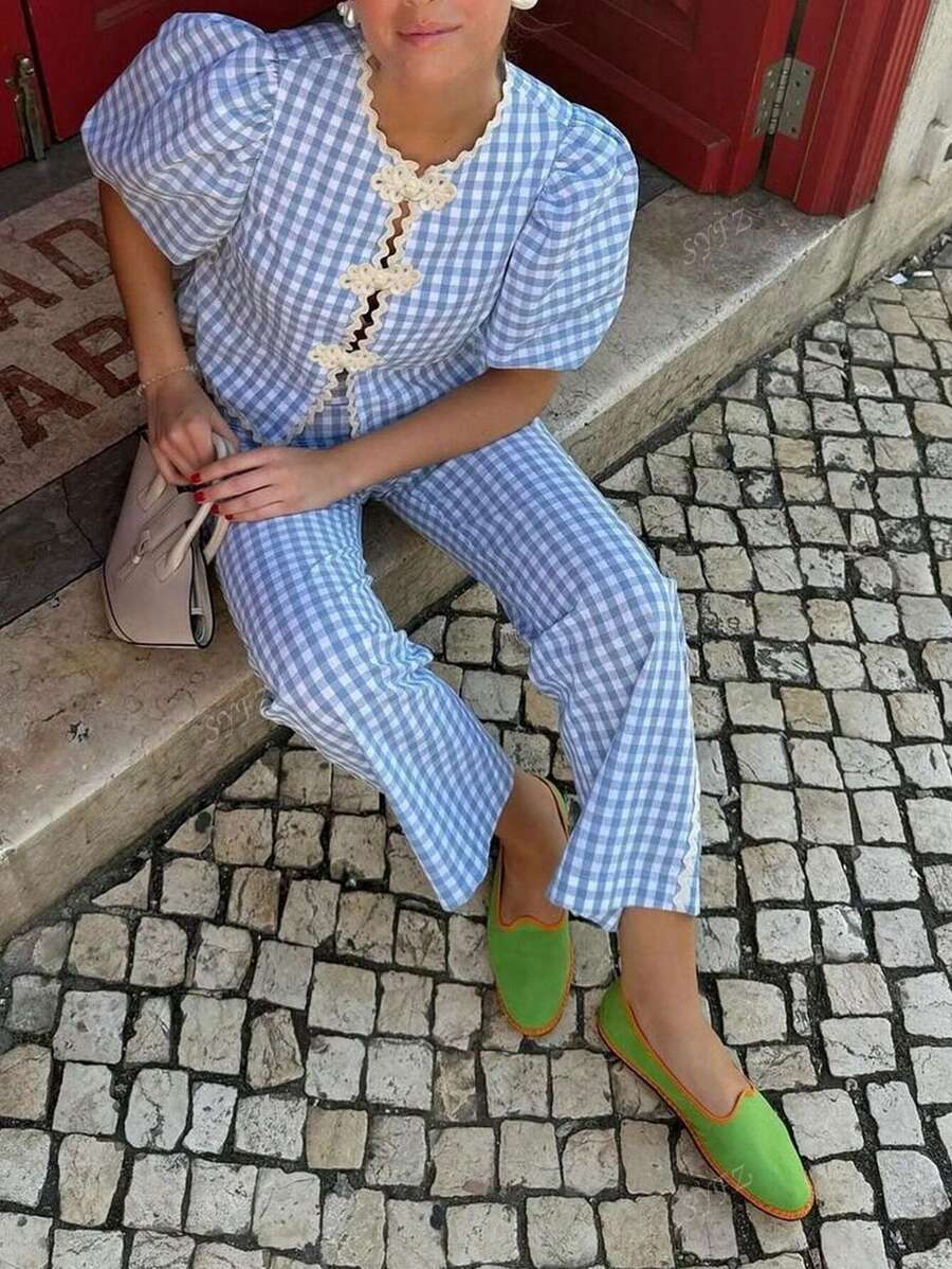Women Casual Lightweight Blue & White Checkered Plaid Cardigan Puffled Sleeves And Crop Top With Long Pants 2 Pieces Set Loose Fit For Spring Summer Chill Holiday Outings