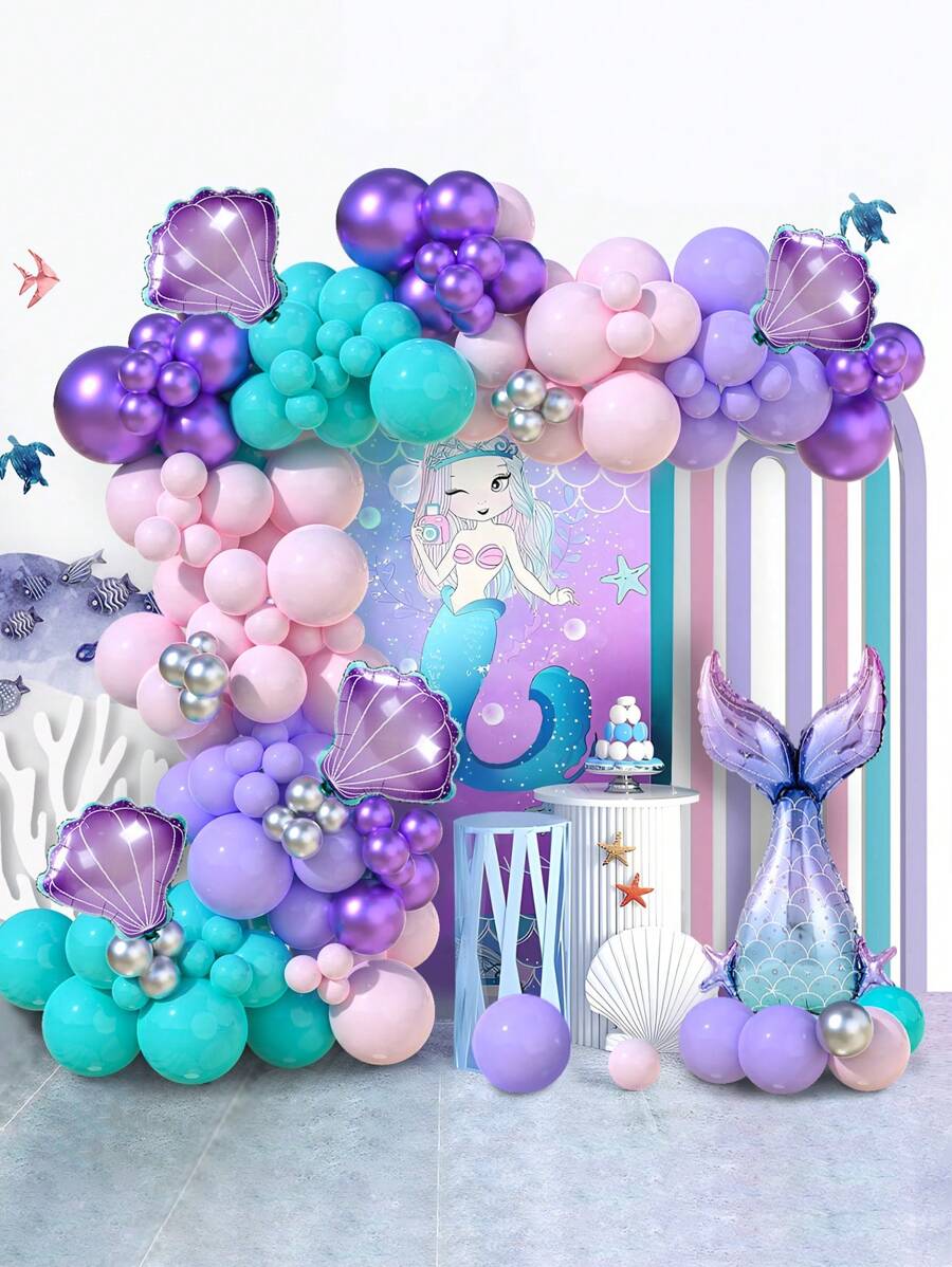 80pcs Purple Mermaid Balloon Garland Arch Kit&4pcs Aluminum Foil Purple Shell&1pc Aluminum Foil Purple Fishtail&2pcs Balloon Accessories, Pastel Pink Purple Teal Blue Clear Latex Balloon With Mermaid Tail Seashell Foil Balloon, For Mermaid Party Decorations Ocean Theme Birthday Party Supplies, Babe Shower Party Backdrop Decorations