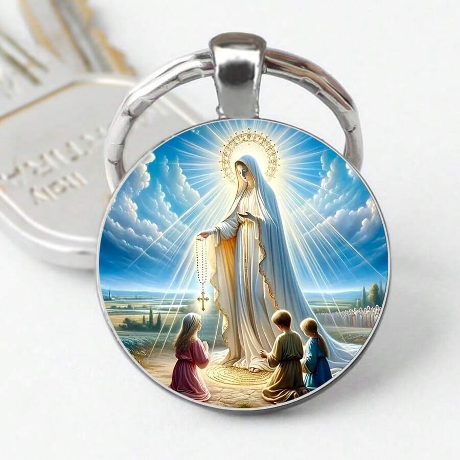 Virgin Mary Glass Pendant Keychain - Alloy, Round Design, Praying Cross - Suitable For Men & Women, Christian Fashion Accessory For Daily Wear And Parties Car Accessories Bag Charm