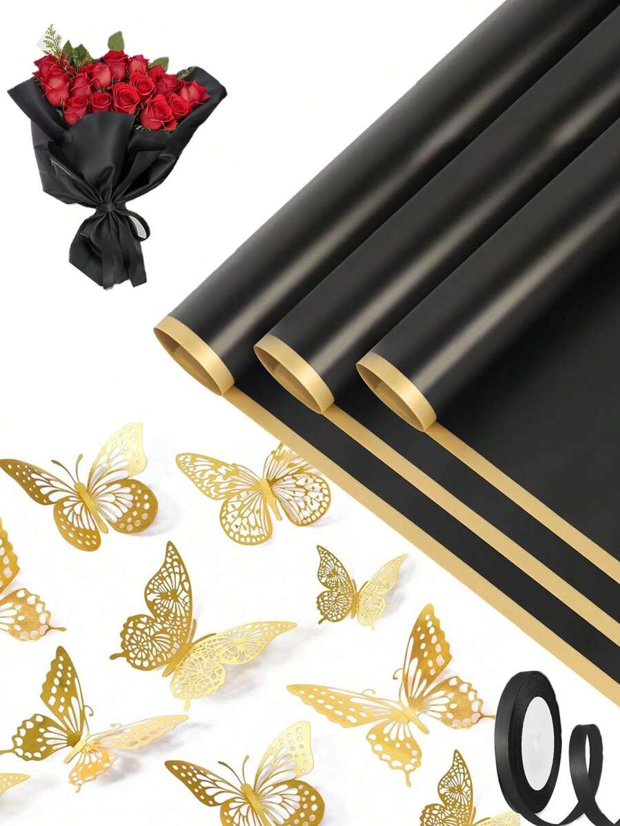 Flower Wrapping Kit - 20pcs Waterproof Bouquet Wrapping Paper, 12pcs 3D Gold Butterfly Decoration And 72ft Ribbon For Florist Supplies, Gift Wrapping Supplies