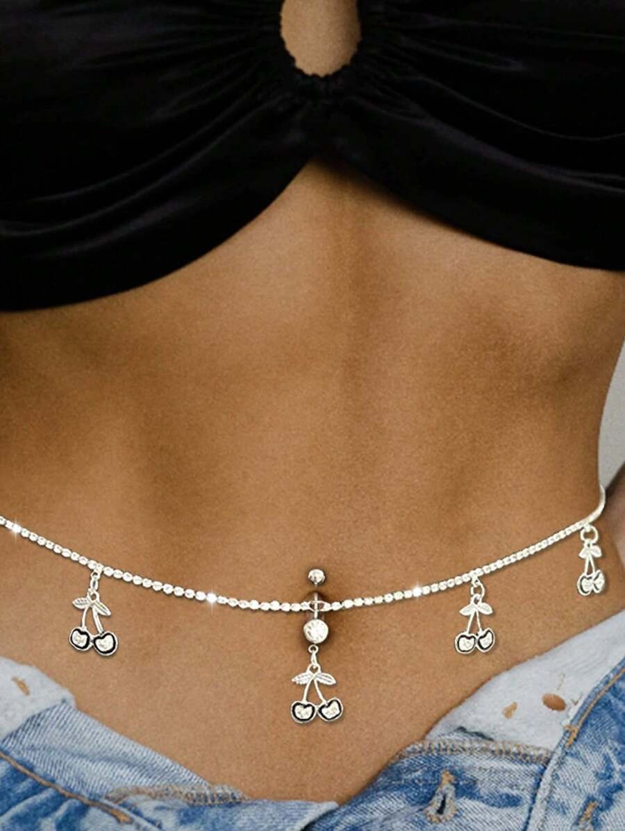1pc New Cherry Pendant Waist Chain, Sparkly Fashion Crystal Sexy Belly Button Chain Waist Body Chain For Women