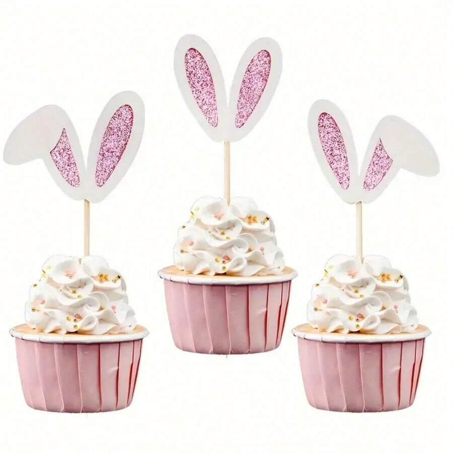 12 bucăți de bambus pentru cupcake cu urechi de iepuraș de Paște, sclipici pentru urechi de iepure, decorațiuni de tort pentru ziua de naștere de primăvară și consumabile pentru petreceri de Paște