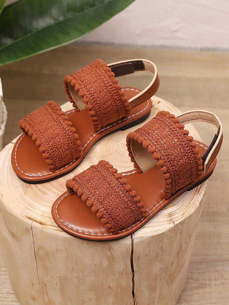 1 Pair Plus Size Brown Toddler/Little Girls Flat Sandals, Knitted Fabric Dual Strap Hook And Loop Back Heel Design Open Toe Fashion Luxury Cute Roman Style Sandals, Suitable For 3-16 Years Old Students For Casual, Holiday, Travel Wear, Spring/Summer 2025
