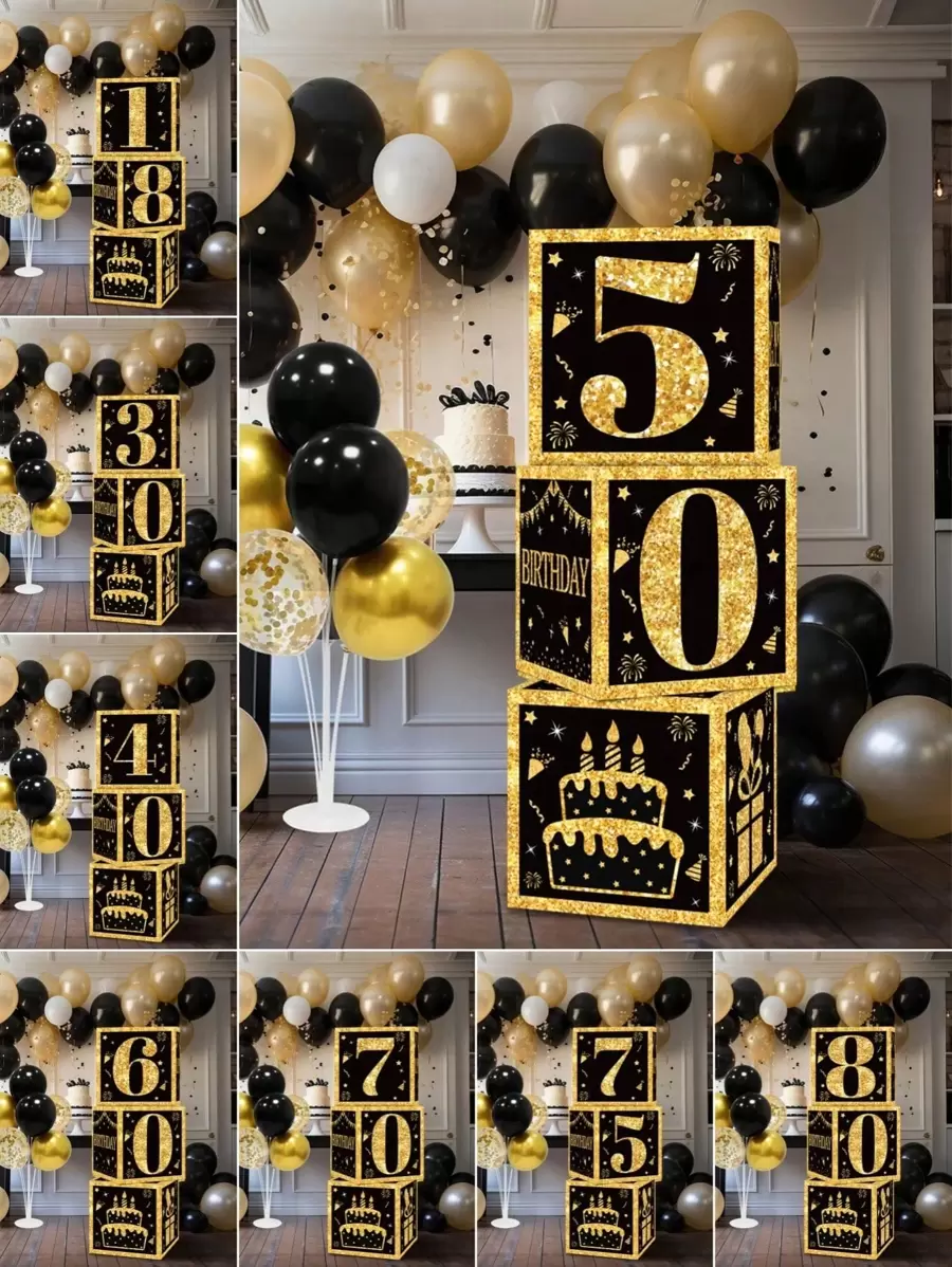 3 pièces Boîtes en papier noires et dorées, décoration de fête d'anniversaire 18e/30e/40e/50e/60e/70e/75e/80e, fournitures pour fête de 40/50/60 ans, décorations de fête d'anniversaire, boîtes décoratives pour fond de fête à la maison, décoration de fond de fête, accessoires photo, boîtes d'emballage cadeau