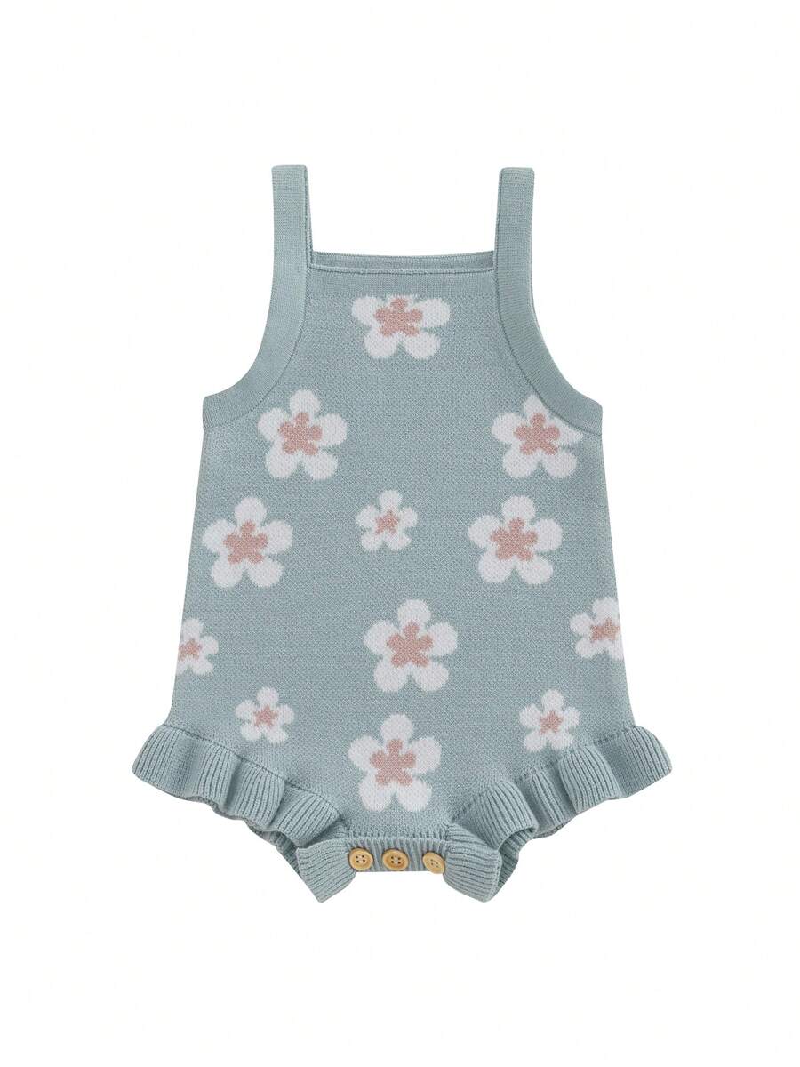 Baby Girls Knit Romper Spring Fall One Piece Knitted Jumper Jumpsuit Sleeveless Ruffle Trim Floral Print Bodysuit Top Summer Outfit