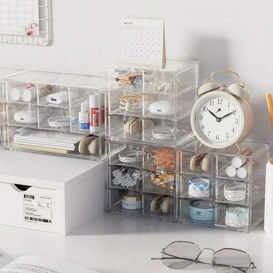 Bestverkopende sieradenorganizerdoos, 6 transparante roosterladen, opbergrek voor kantoorbenodigdheden, anti-stof displayplank