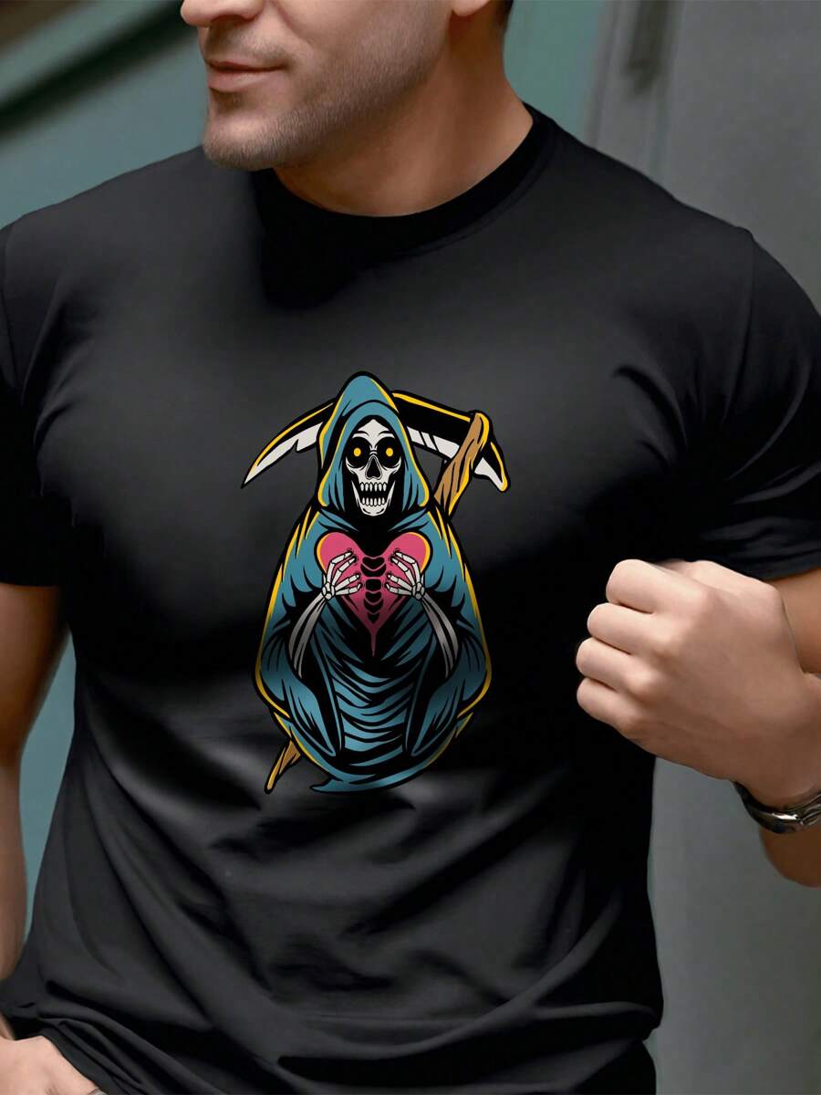 Modern And Fashionable Street Skull Print T-Shirt, Comfortable And Versatile T Shirt Men, Ideal For Summer Outdoor Activities Or Casual Wear, Excellent Gift Choice