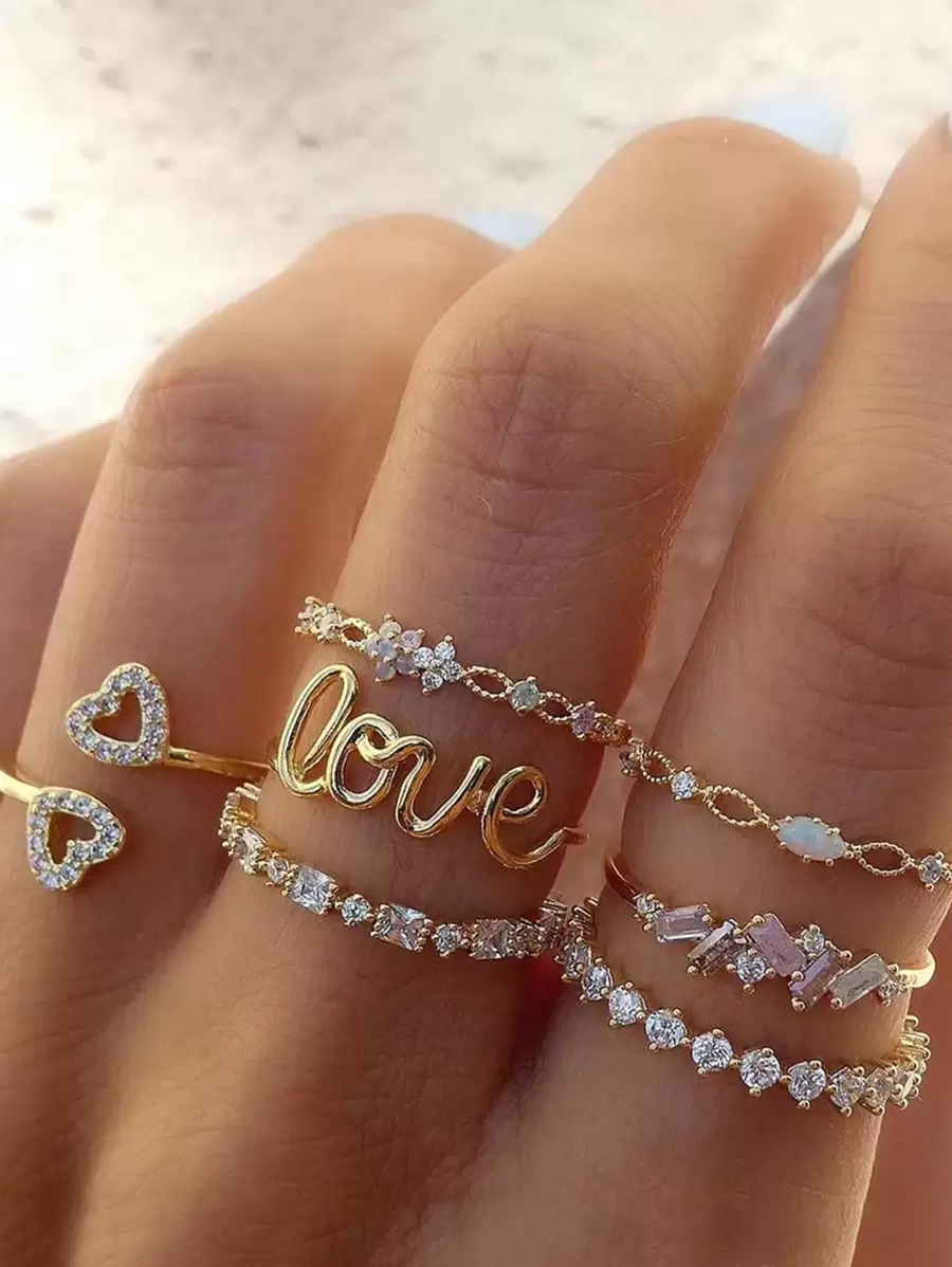 7 stuks/set hartvormige strass ringen, modieus en veelzijdig, geschikt voor elke gelegenheid, geweldige cadeaukeuze