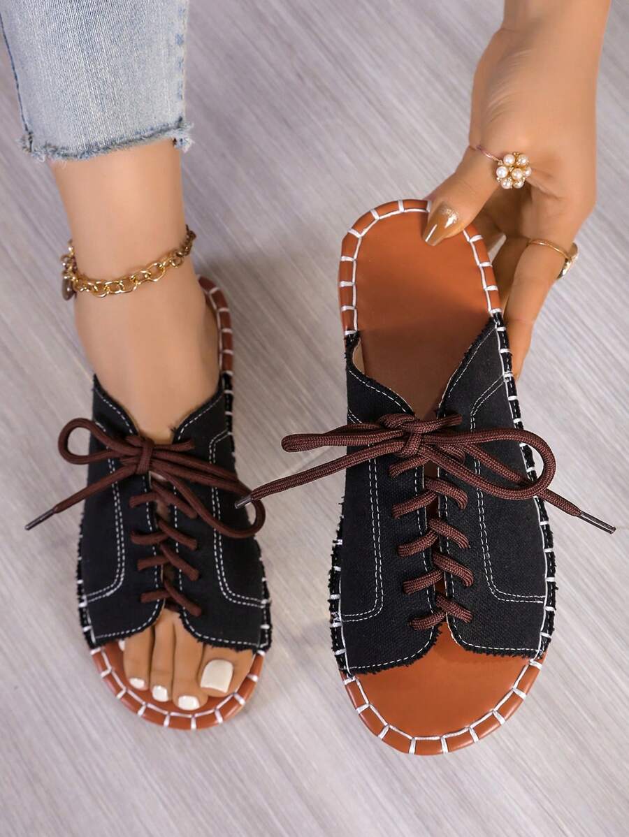 Summer Denim Black Plain Flat Lace-Up Open Toe Women Slippers, Sewing Non-Slip Casual Versatile Ladies Sandals