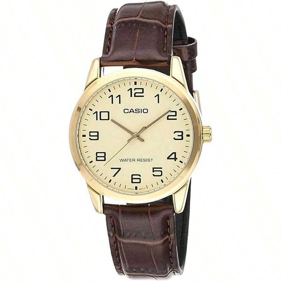 Casio Casio Men MTPV001GL-9B Stainless Steel Genuine Leather Strap Gold Dial Quartz Movement Buckle Clasp Analog 38mm Round Watch