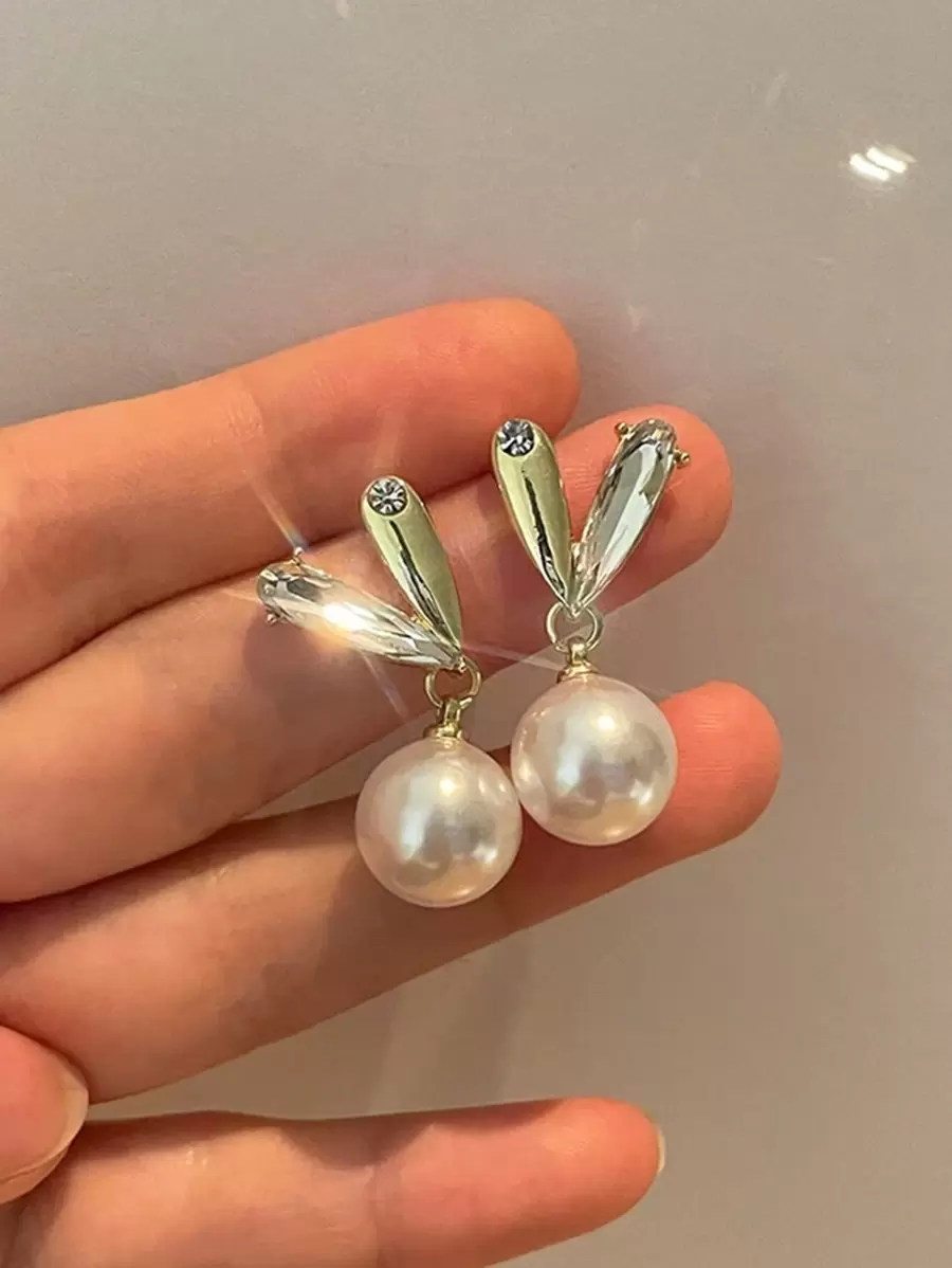 1 Pair Minimalist Cubic Zirconia & Faux Pearl Heart Earrings, Elegant Design Suitable For Women, Daily & Holiday Wear