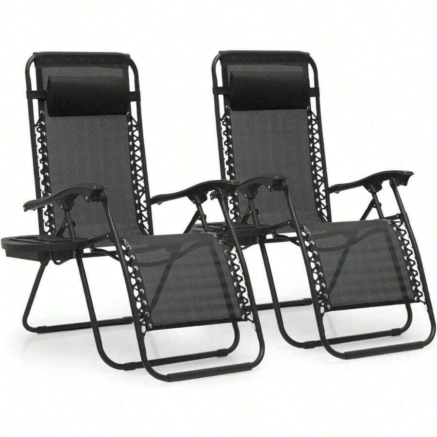 Zero Gravity Chairs Pair Of 2 Outdoor Folding Patio Lounge Chairs For Outside Reclining Lawn Chairs Recliner Beach Chairs For Adults, Black