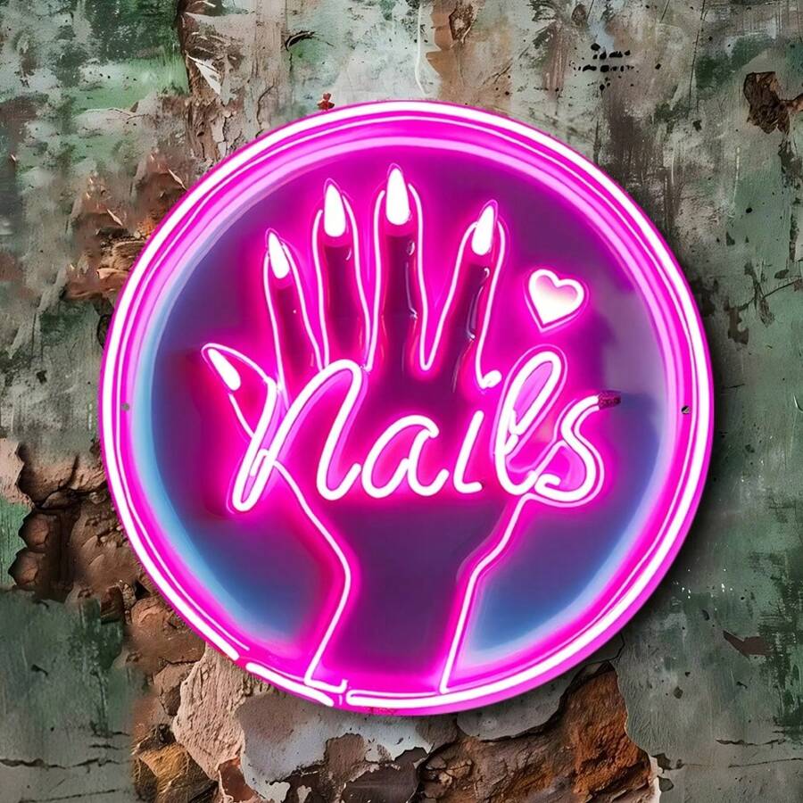 Vivid Neon "Nail" Sign - Circular Aluminum Wall Art With Pink And Purple Glow, Great For Home, Bar, Cafe Decor - Fashionable Tin Art, Perfect Gift For Friends, Family, DIY Lovers, Neon Sign For Wall Decoration, Random Hole Design Gifts Birthday Graduation