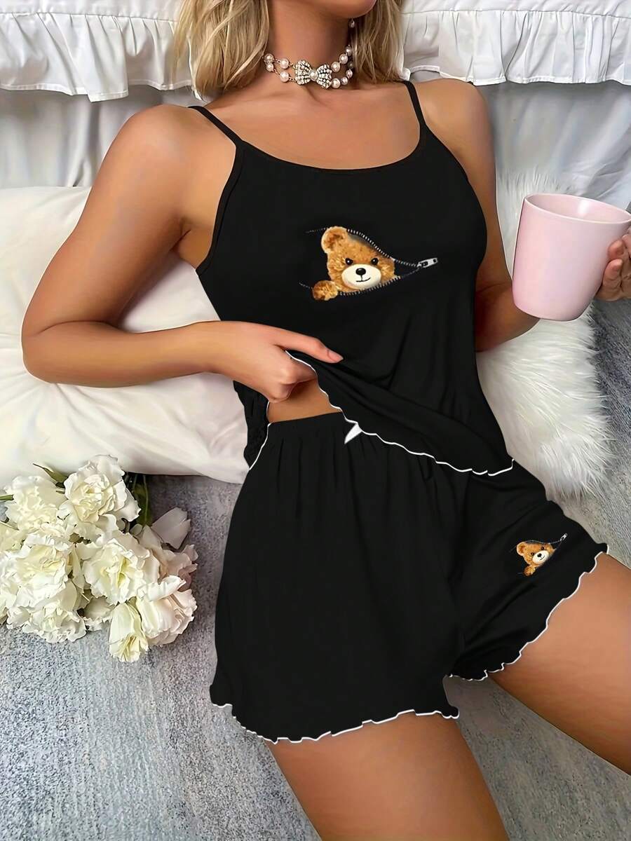 Conjunto de 2 piezas con camisa de tirantes y manga corta con estampe de oso negro