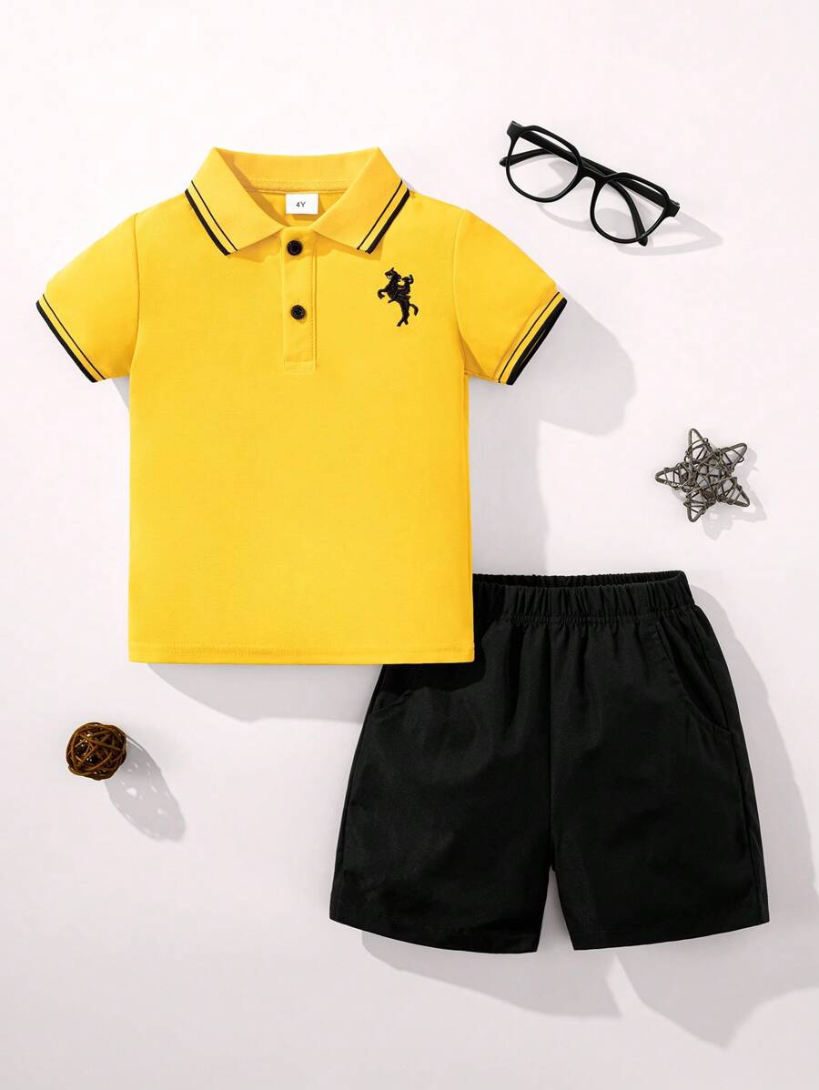 2 bucăți/Set Tricou polo cu mânecă scurtă și pantaloni scurți de culoare solidă pentru școală, spectacole, activități de grup