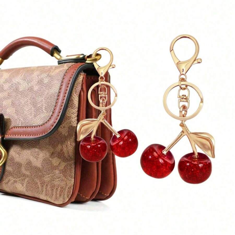 1 Pc Sparkling Cherry Hanging Decor, Cherry Keychain Pendant For Wallet, Bag, Backpack Accessory