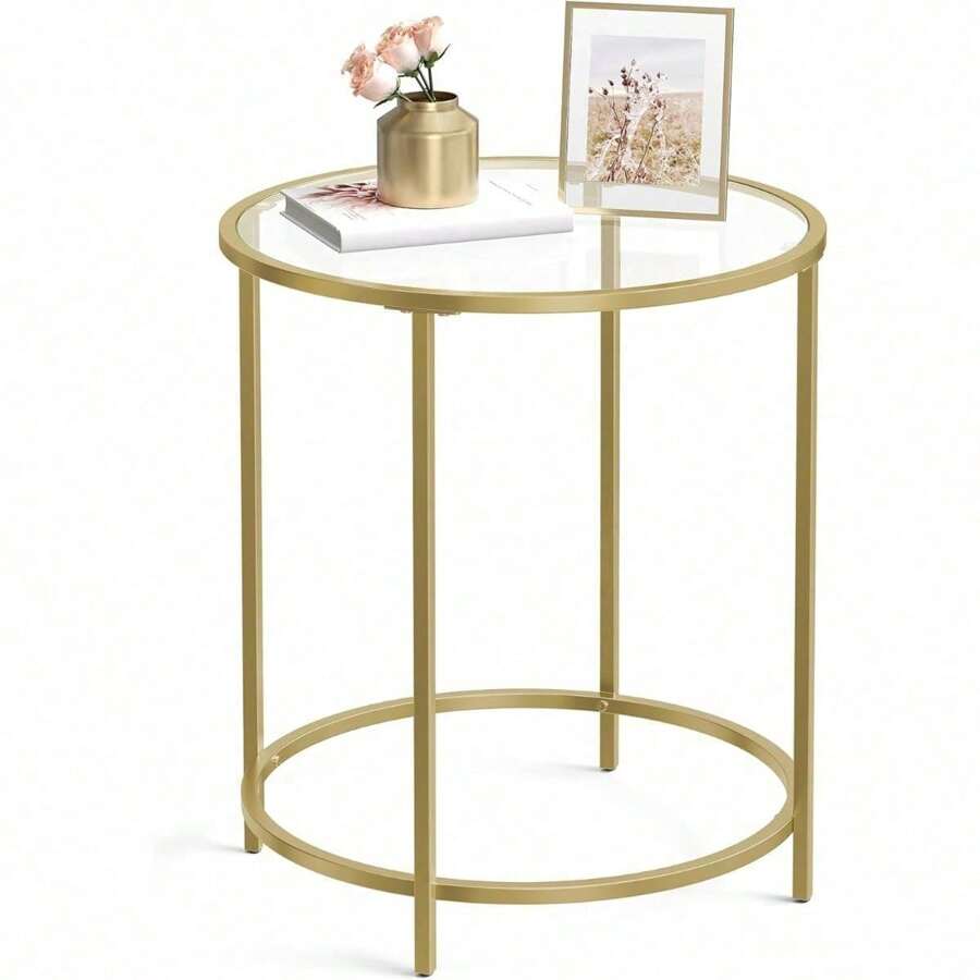 Round Side Table, Glass End Table With Metal Frame, Gold Coffee Table With Modern Style, For Living Room, Balcony, Bedroom, Gold Color
