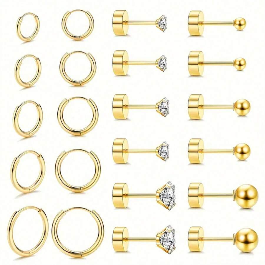 11pcs Gold Tone Ring & Earring Set - Multi-Hole Small Earrings, Surgical Steel Flat Back Earrings, Wood Stud Earrings, Unisex Cubic Zirconia Ball Earrings