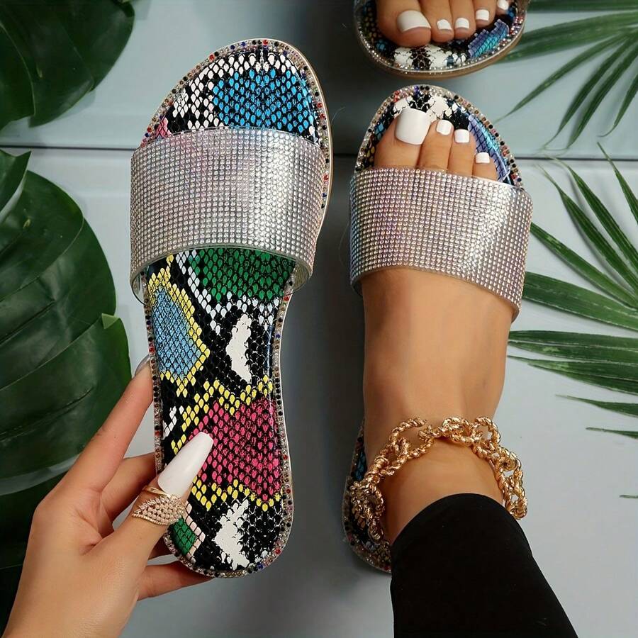 Women's Flat Sandals With Solid Color And Diamond Embellishments