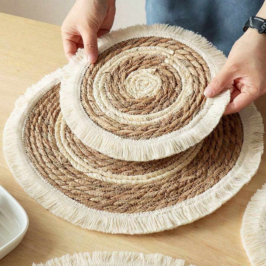 1 pieza /4 piezas /6 piezas Posavasos o manteles individuales redondeados con flecos de estilo bohemio tejidos a mano de manera natural, adecuados para restaurantes, decoración de bodas
