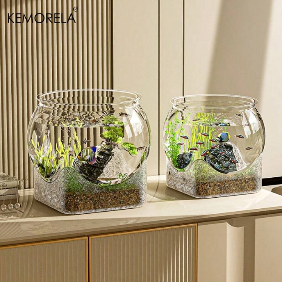KEMORELA 1pc Round High-Transparency Shatterproof Pet Fish Tank, Scratch-Resistant Desktop Hydroponic Goldfish Aquarium, No Electricity Needed, PP Material, Ideal For Home Decor & Small Hydroponics