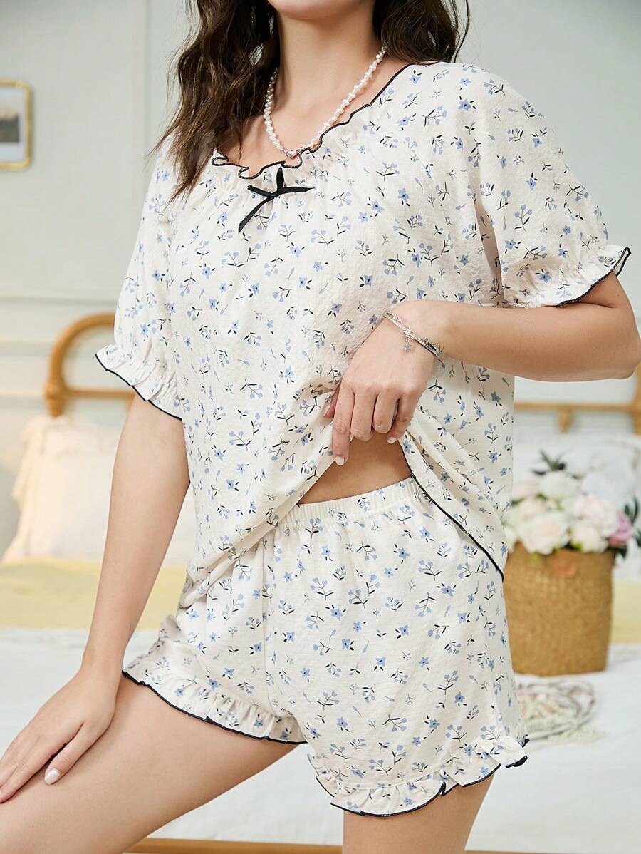 Conjunto de pijama Romántico 1 con estampado floral acreditado para mujer, conjunto de pijama de top de manga corta y pantalones cortos de 2 piezas, vacaciones